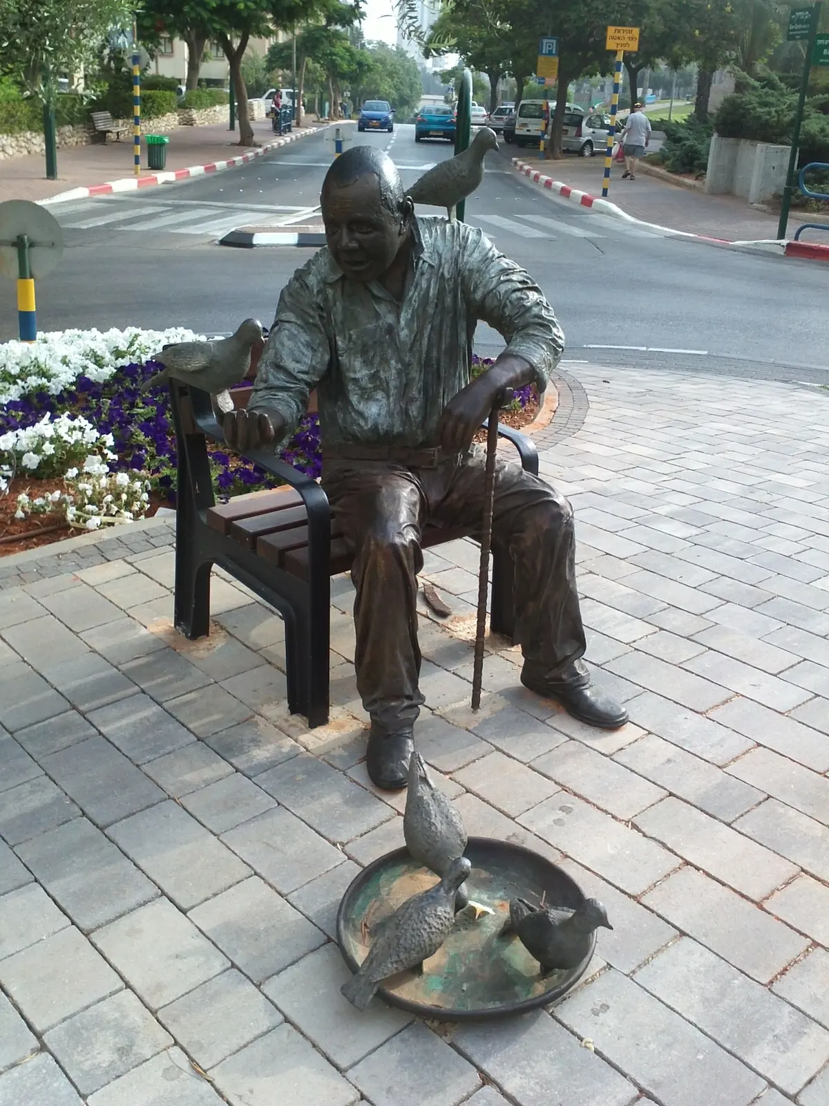 A street statue of an old man feeding pigeons in Givat Shmuel